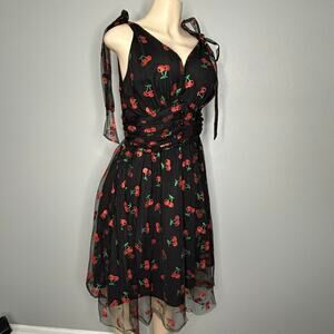 Black Cherry Print Sheer Dress Size Large Tie Shoulder Mesh Overlay whimsigoth